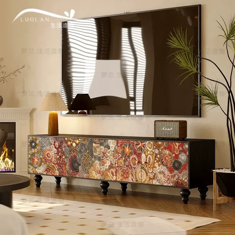 Abstract Pattern Solid Wood TV Cabinet Living Room Storage Decorative Art Cabinet Bedroom Bedside Storage Unit