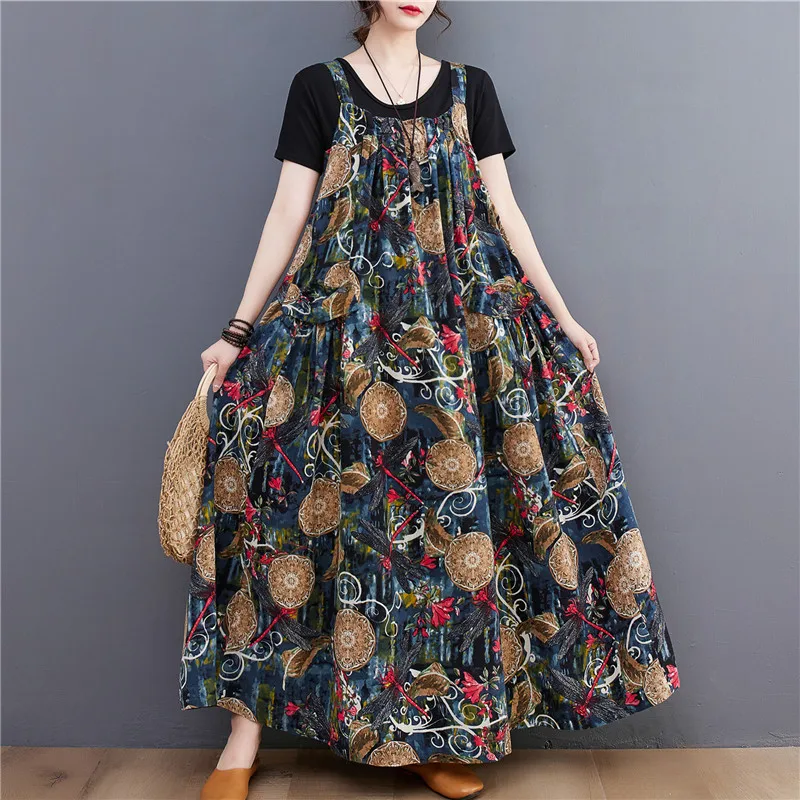 5094 Summer Fashion Ethnic Style Floral Printed Long Dress Loose Casual Large Swing Women Mom Daily Pullover Suspender Skirts