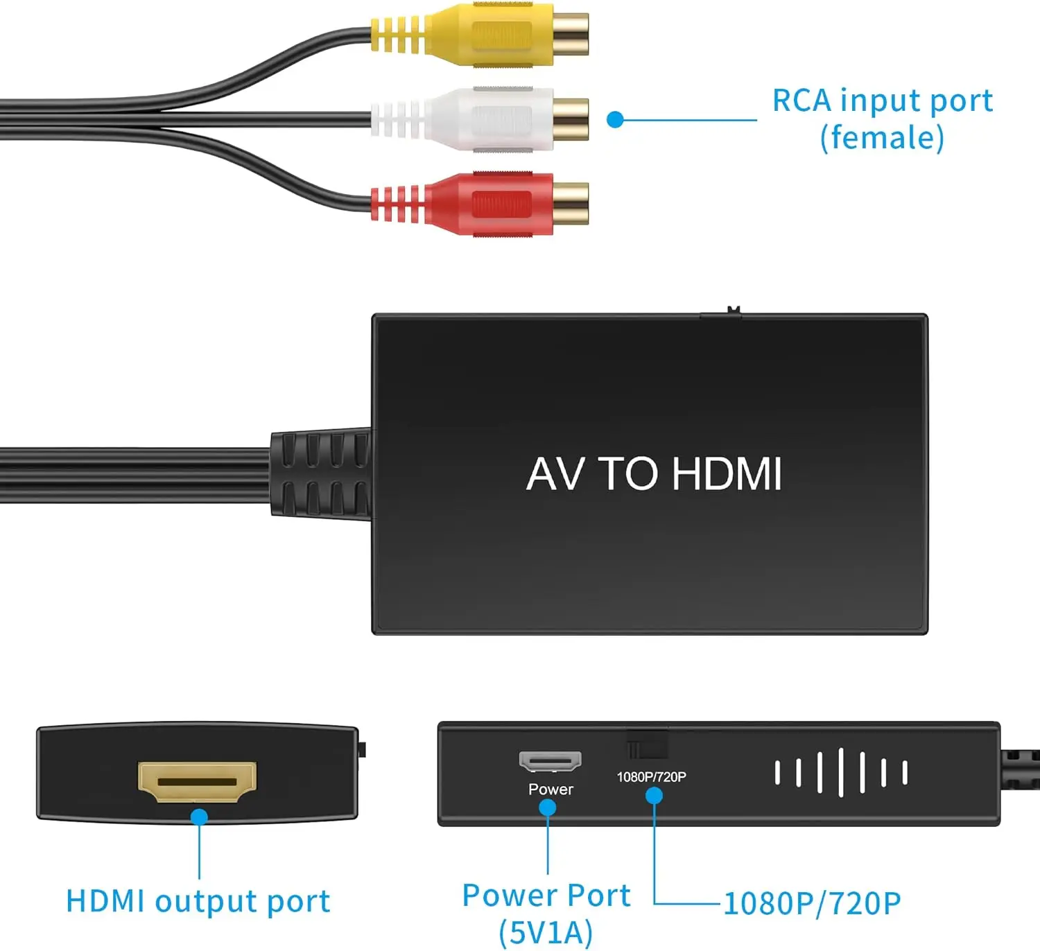 RCA to HDMI Converter,Composite to HDMI Adapter Support 1080P PAL/NTSC Compatible with PS one,Xbox,VHS,VCR,Blue-Ray DVD Players