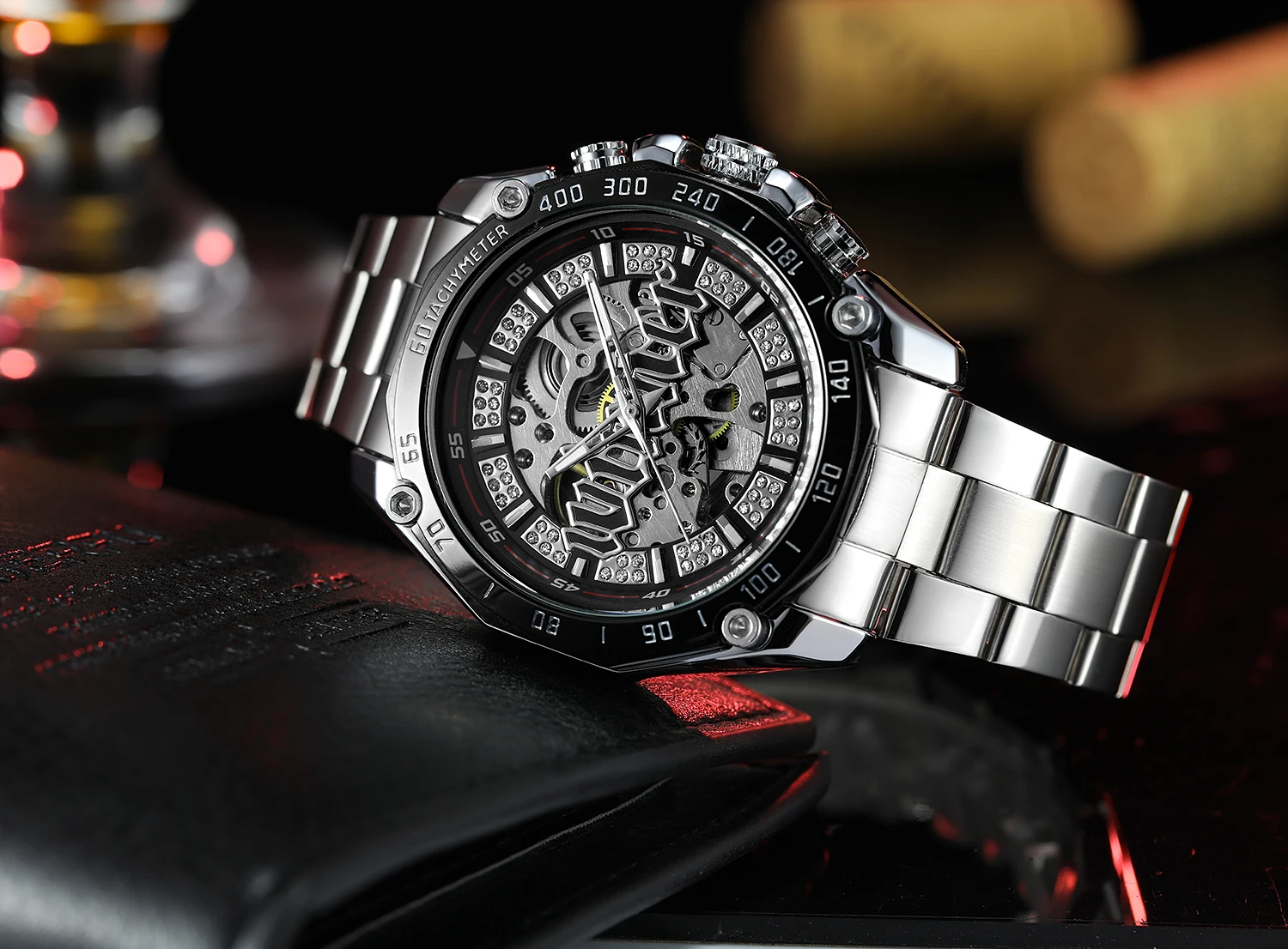 T-WINNER Classic Vintage Men Watches Skeleton Automatic Mechanical Diamond Luminous Pointers Stainless Steel Charming Male Clock