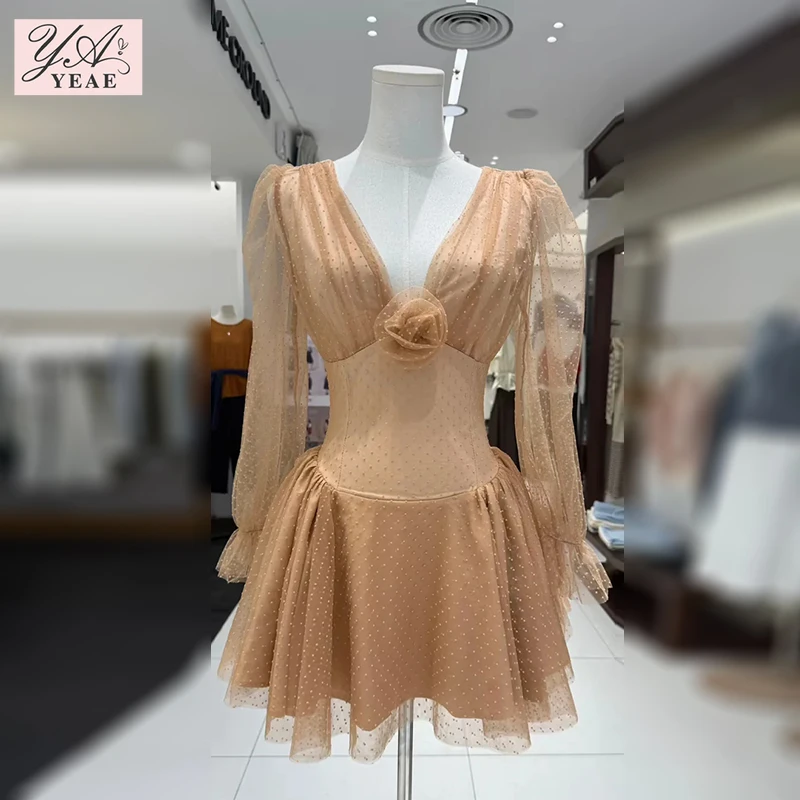 

Solid Spliced Appliques Mesh Mini Dresses for Women V Neck Long Sleeve High Waist Temperament Dress Female Fashio Style New