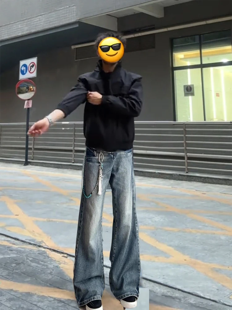 

Джинсы с изогнутым ножом в стиле ретро, мужские осенние винтажные прямые расклешенные брюки с завышенной талией, микро расклешенные брюки с эффектом похудения