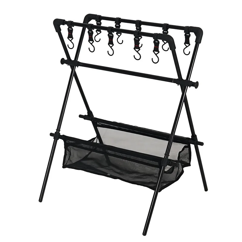 Outdoor Camping Triangle Shelf Aluminum Alloy Folding Double-Layer Large Capacity with Hook Net Bag Glamping Picnic Hanging Rack