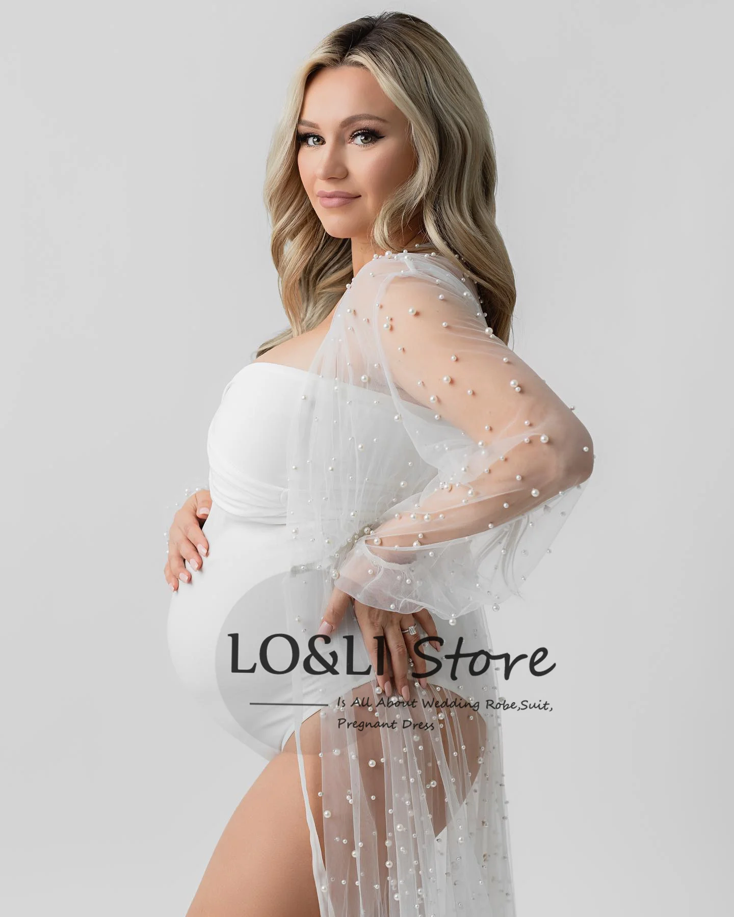 

New Pregnant Pearl Robe For Women's Lace Mesh Dress Sexy Slippery Shoulder Split Pearl Long Dress Photography Robe Grossesse