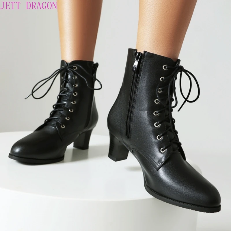 

Женские ботильоны на шнуровке, черные, бежевые, короткие ботинки, женские удобные туфли на низком каблуке, осенне-зимняя вечерние танцевальная обувь, большой размер 48