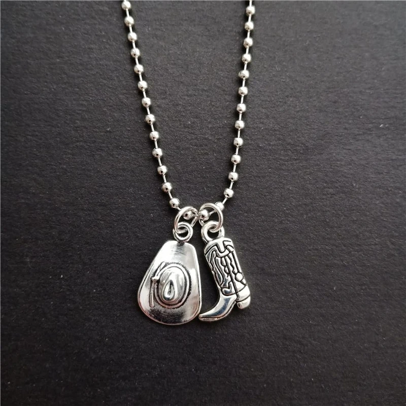 Cowboy Hat Necklace, Lucky Cool Country Southern Western Charm Pendant, Punk Stainless Steel Ball Chain Long Necklace