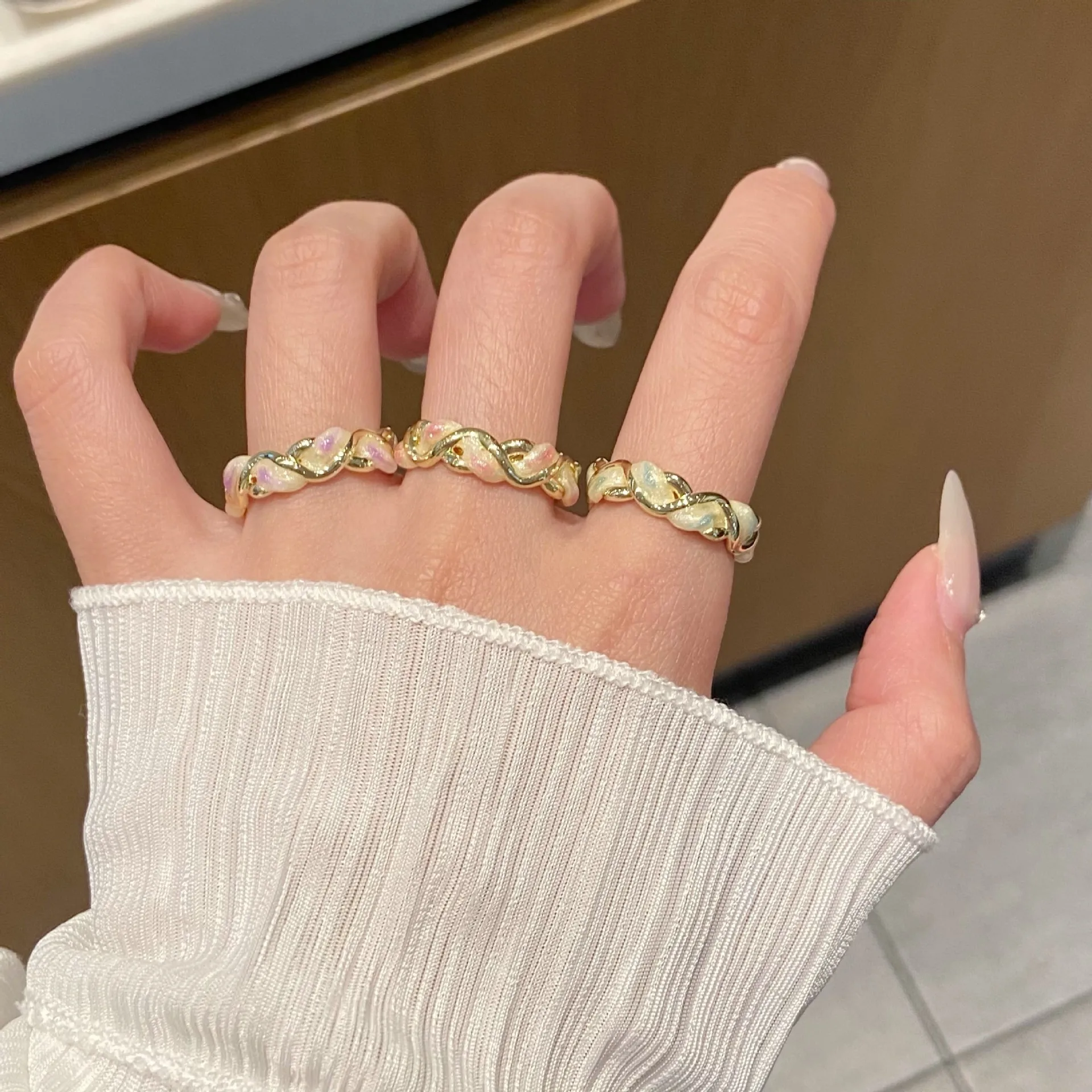 VENTFILLE 925 Sterling Silve Drop Glazed Fried Dough Twists Ring for Women Dreamy Sparkling Versatile Jewelry Party Dropship