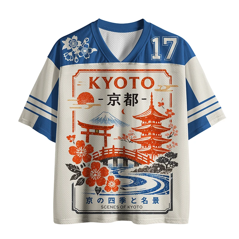 Camiseta de malla de secado rápido con estampado 3D de escenas de Kioto para hombre, camiseta deportiva de manga corta con cuello en V, camiseta informal de calle número 17