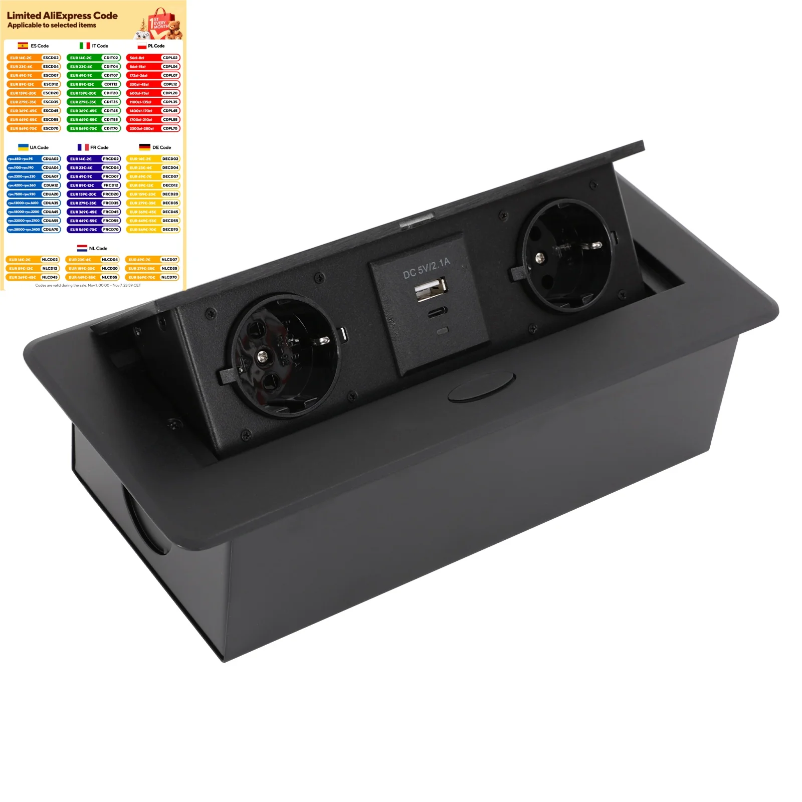 Prise de bureau cachée ue avec USB C Type C, câble de 1.8m, prise Pop-Up encastrée à 2 prises, multiprise encastrée pour le bureau