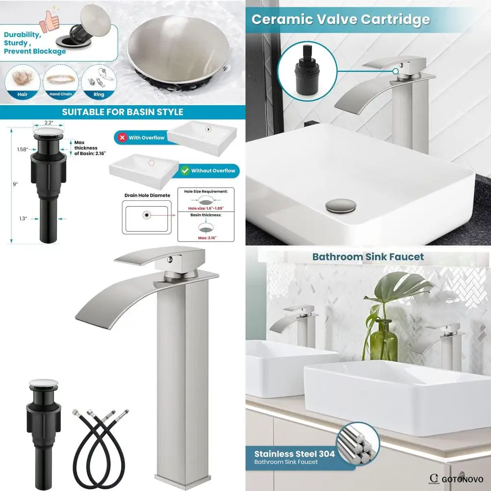 

Modern Single Handle Tall Stainless Steel Vessel Sink Faucet with Pop-Up Drain, Brushed Nickel Finish