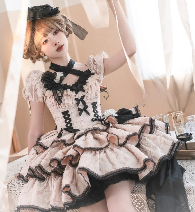 Lolita Op Dress Original Spring and Summer Women Girls Cross Halter Slim Short Sleeve Flower Big Bow Princess Short Dresses