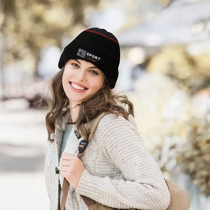 Beanie Hangat untuk Wanita Beanie Bermanset Rajutan dengan Desain Garis Topi Musim Dingin Wanita Topi Rajut Beanie Nyaman untuk Ski Kebugaran