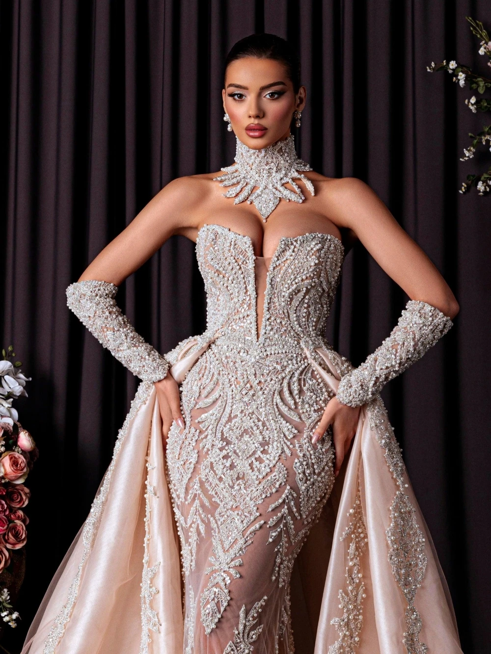 انفصال قطار التطريز مطرز فستان الزفاف الوهم العميق الخامس الرقبة حورية البحر فستان زفاف طويل فساتين مخصصة جديدة للعروس #2