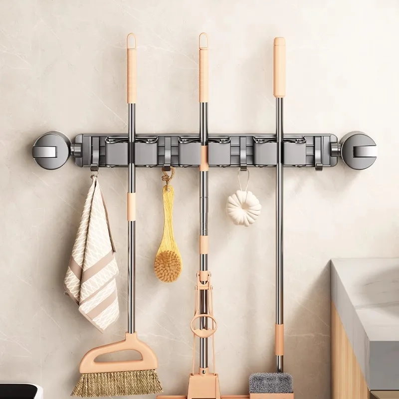 Suction Cup Mop and Broom Organizer 5 Racks and 4 Hooks Mop Broom Holder Wall Stand Gripper Wall Mount Sliding Storage Shelves