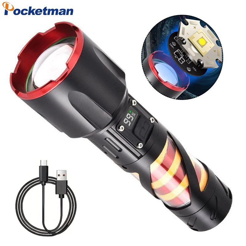 

Super Bright LED Flashlight with Side Lights 5 Modes USB Rechargeable Flashlights Telescopic Zoom Emergency Torch Work Light