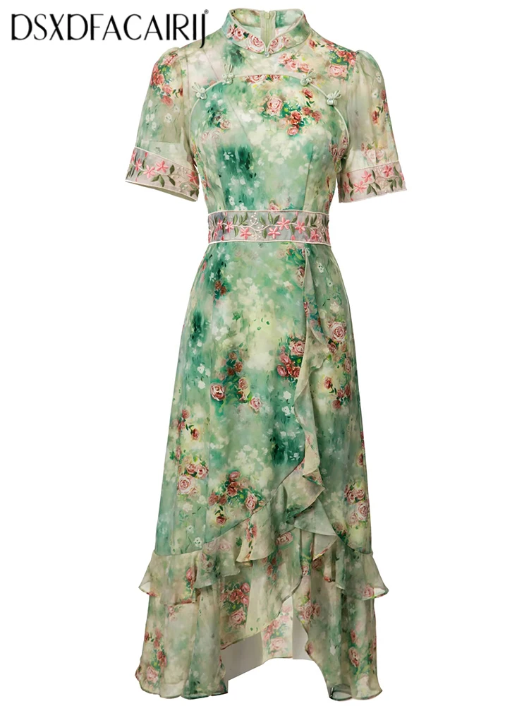 

DSXDFACAIRIJ Women's Chinese Style Dress Flower Embroidery Stand Collar Short Sleeve Ruffles Print Fashion Summer Dress