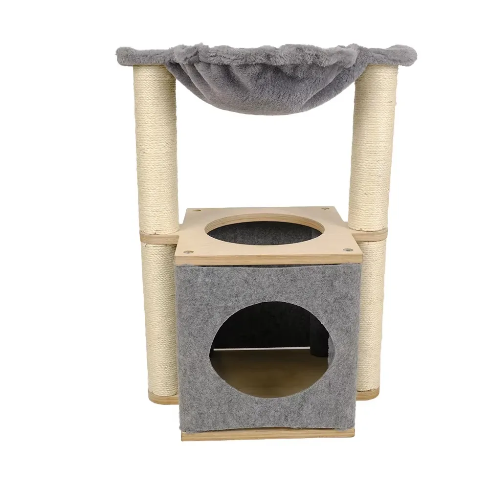 All-In-One Luxury Modern Cat Tree Large Sustainable Wood Sisal Plush Scratcher Nest Hammock Cat Bed Scratching House Cat Playing