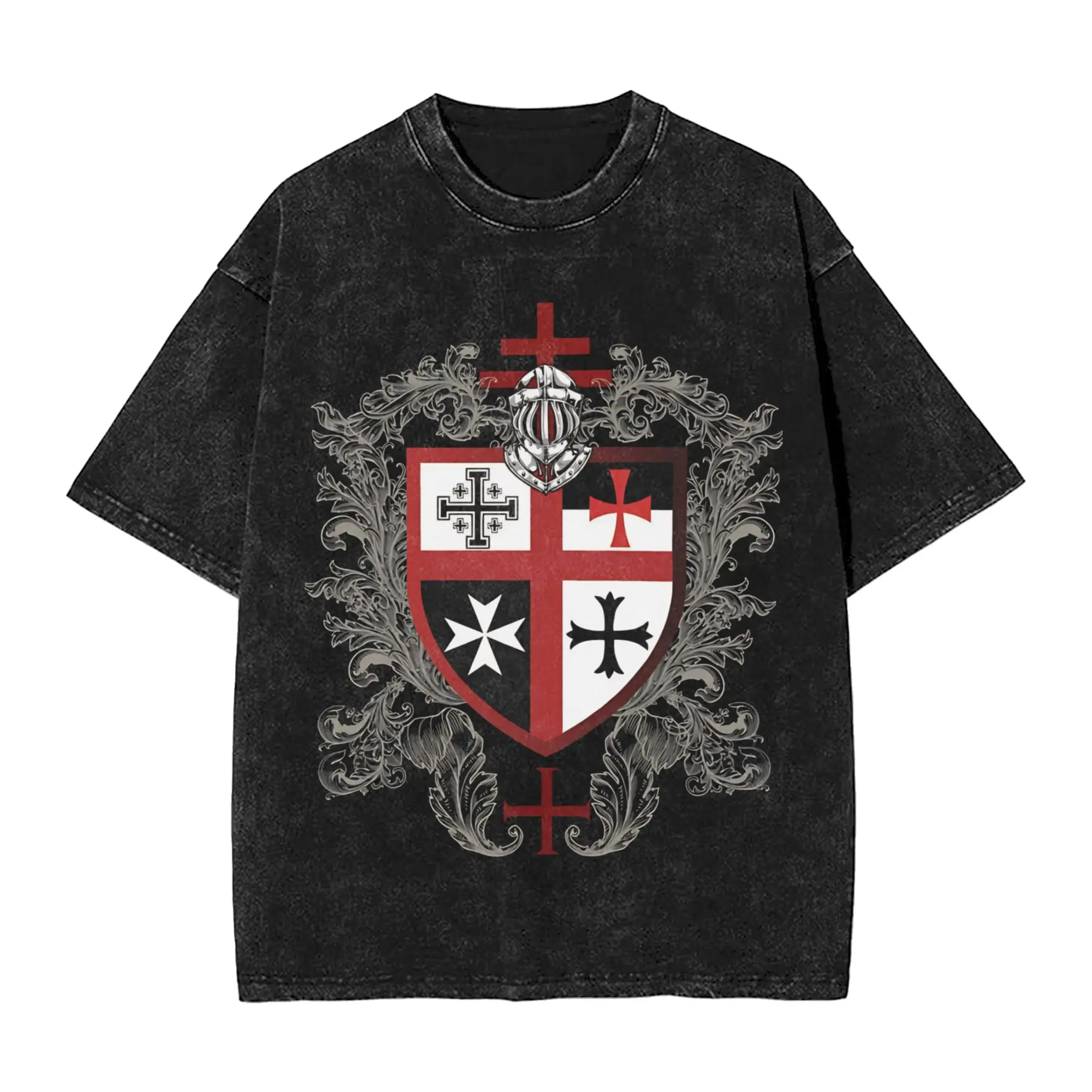 Harajuku Washed Shirts Templar Cross Knights Accessories Fashion T Shirt High Street  Streetwear Cotton Printed Tees