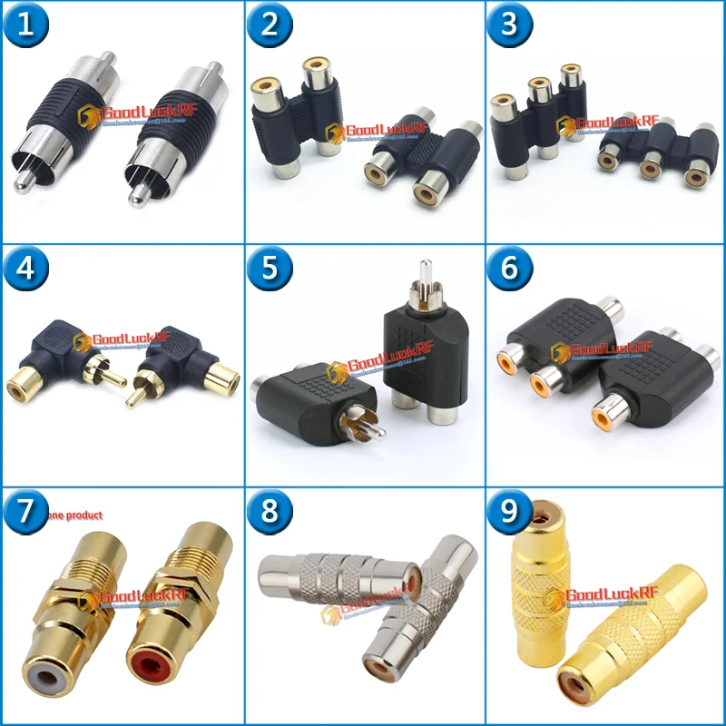 Dual RCA Male to RCA Female 2 3 Row Split Dual Female audio video connection Brass lotus AV RF connector extension conversion