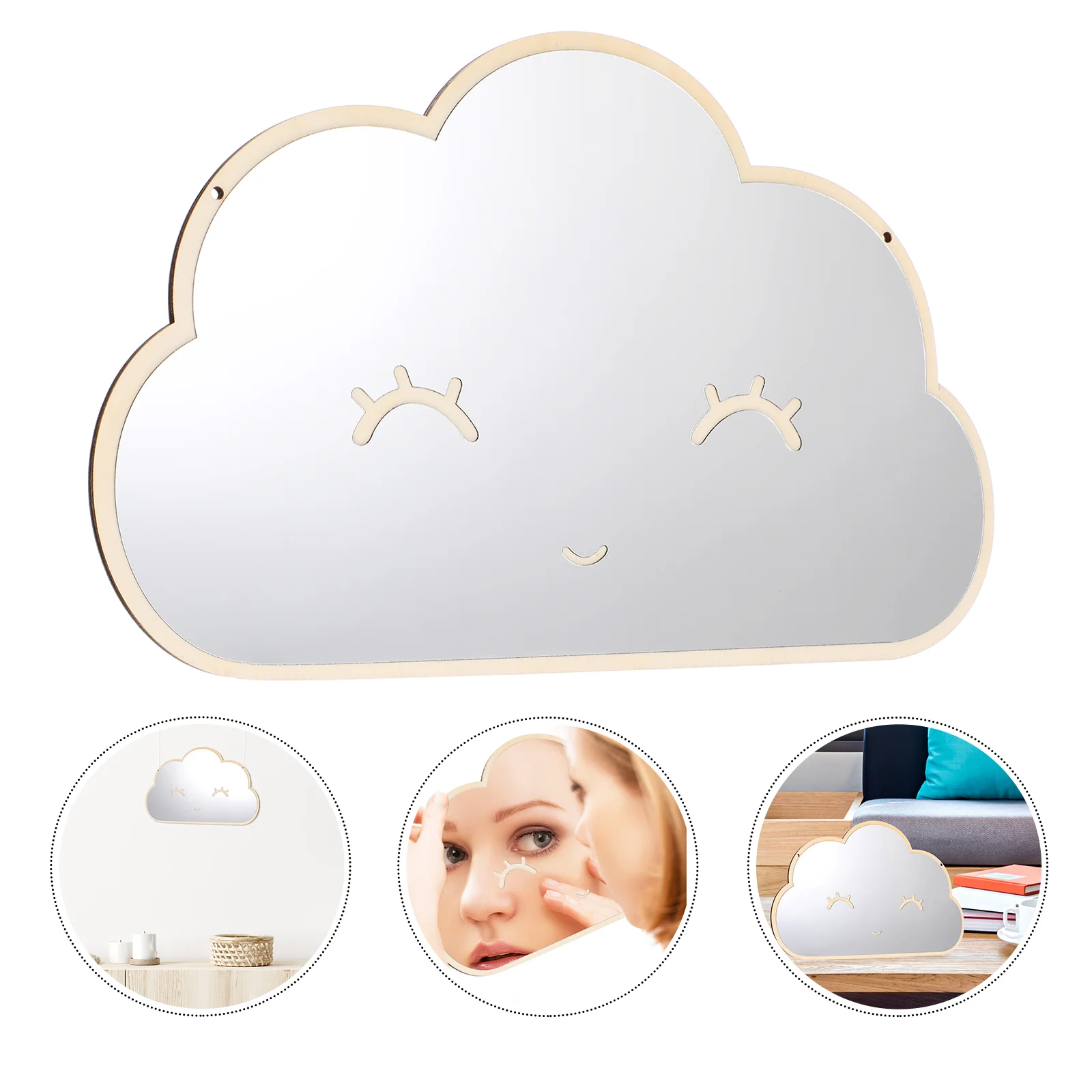 Espejo acrílico de madera, espejo de nube con sonrisa, espejo decorativo, espejo de pared para habitación de niños, decoración del hogar