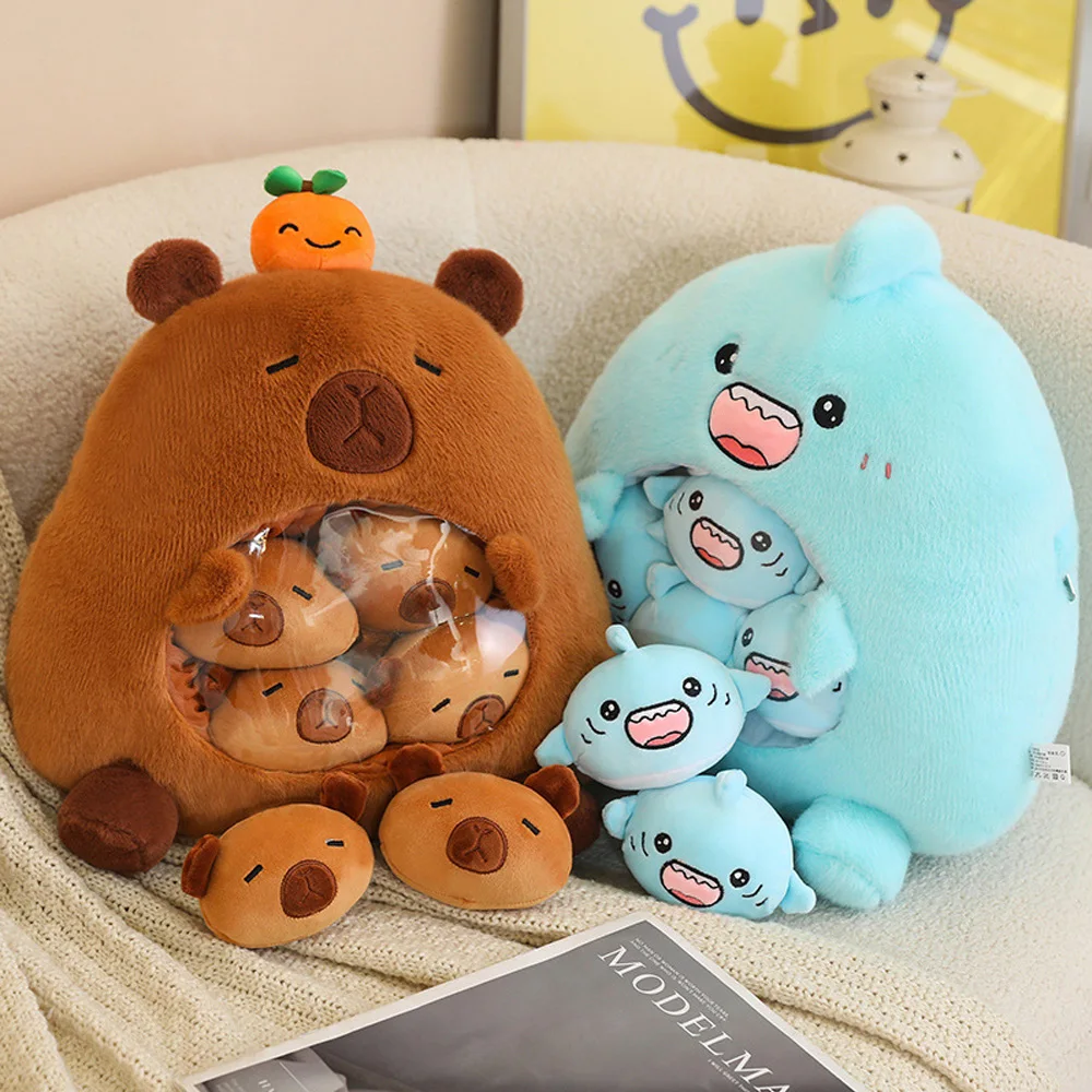 New Capybara Shark Shaped Snack Bag Plush Toys Super Soft Cartoon Squishy Pillow Funny Food Dolls Birthday Gifts Room Decor