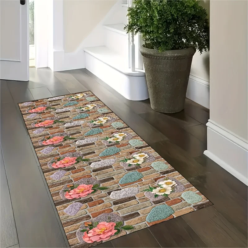 

Rustic Brick Wall with Peony and Daisy Kitchen Long Mat, Non-Slip Washable Durable Floor Mat for Hallway,Bedroom, Entryway Decor