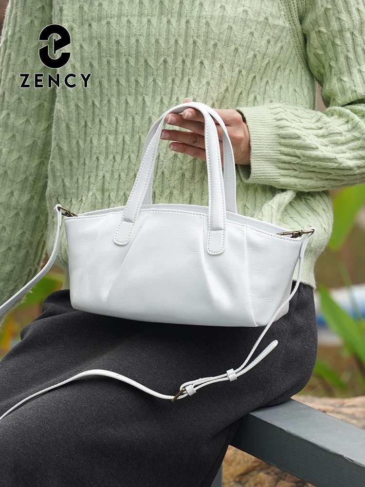 Zency Women's Genuine Leather Bag High Quality Handbag Female Shoulder Crossbody Ladies Large Roomy Leather Bag Ruched Bag Purse