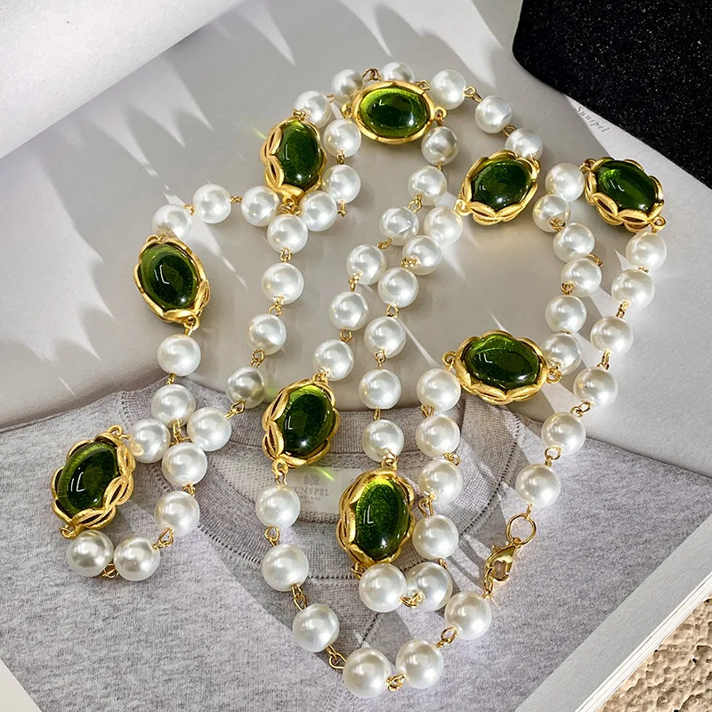 French fashion retro grandmother green crystal pearl pendant beaded necklace light luxury high-end sense sweater chain women