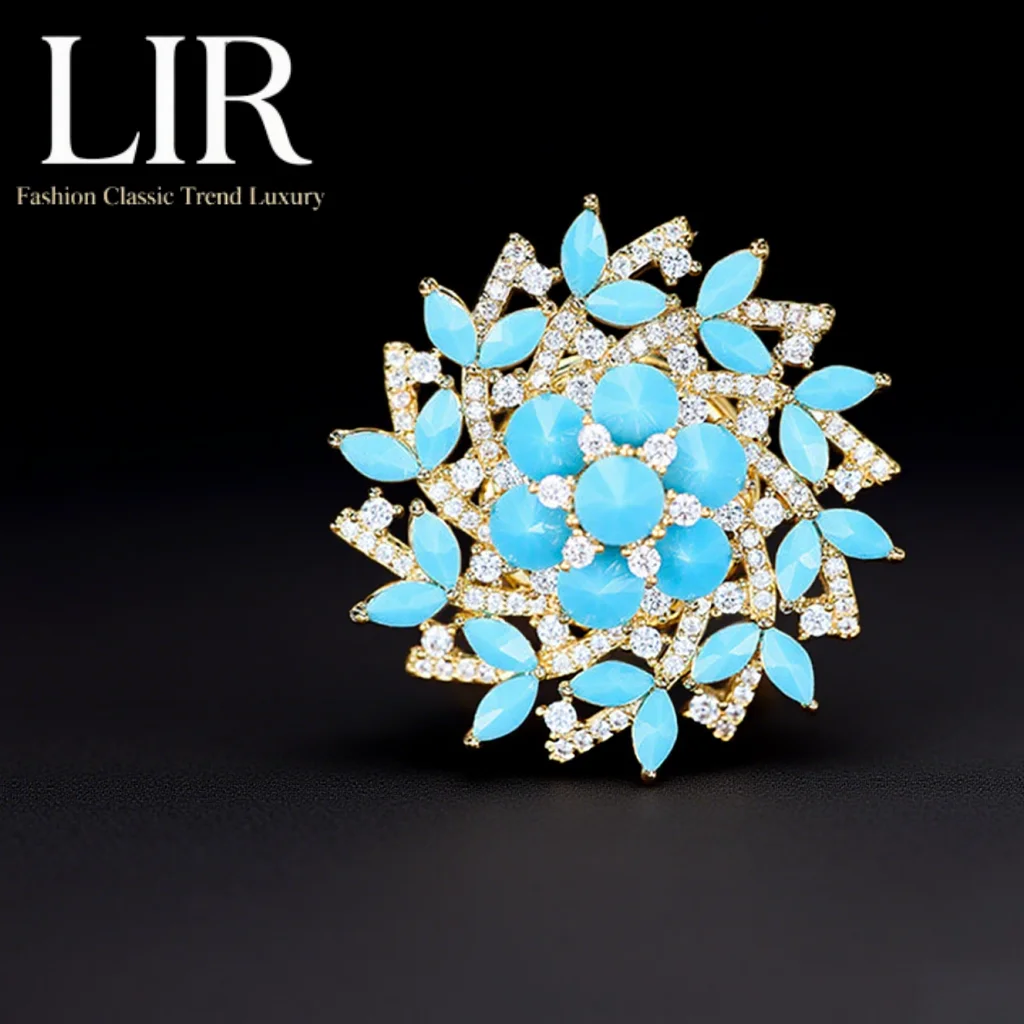 بروش LIR للسيدات: ندفة الثلج الزركون الأزرق الفيروزي AAA الفاخرة ذات الحرف الثقيلة، مشبك مغناطيسي، مضاد للتعرض، أنيق
