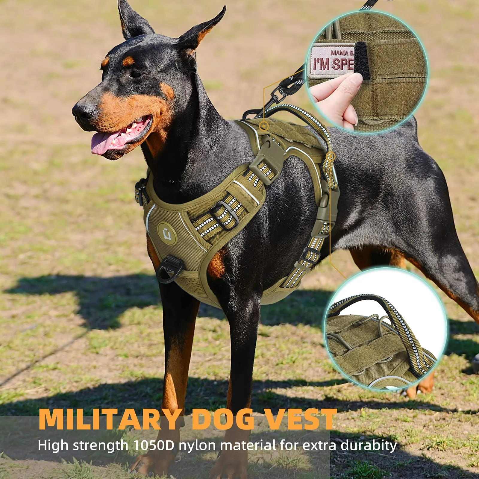 Tactical Dog Harness, No Pull Dog Harness, Adjustable Breathable MOLLE Dog Vest Harness for Medium Large Dog Reflective Military