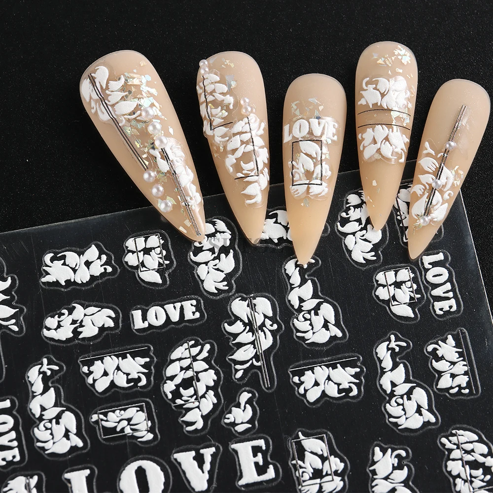 White Lace 5D Nail Stickers Bohemian Mandala Nail Decals Wedding Bride Charms Embossed Flowers Leaf Sliders Manicure Wrap GLMJ