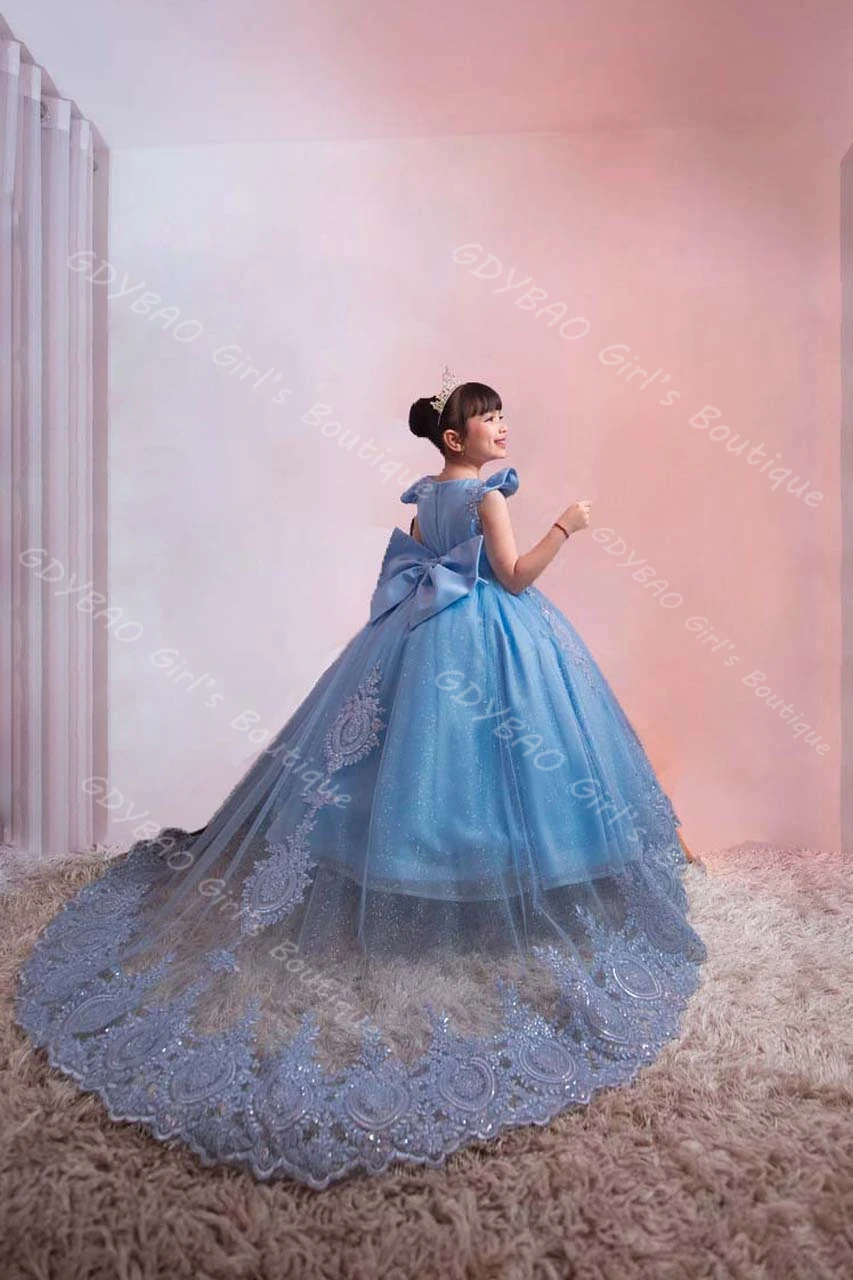 فستان الأميرة للفتيات الأزرق مزين بالخرز من التول فستان فتاة الزهور مع ذيل قابل للانفصال/فيونكة مخصصة للحفلات
