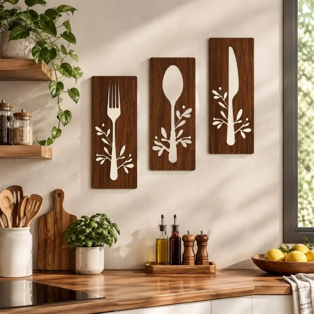 3pcs Fork Kitchen Utensil Wooden Ornament Spoon Decorative Kitchen Tools Wall Plaques Hollow Out Rustic Style