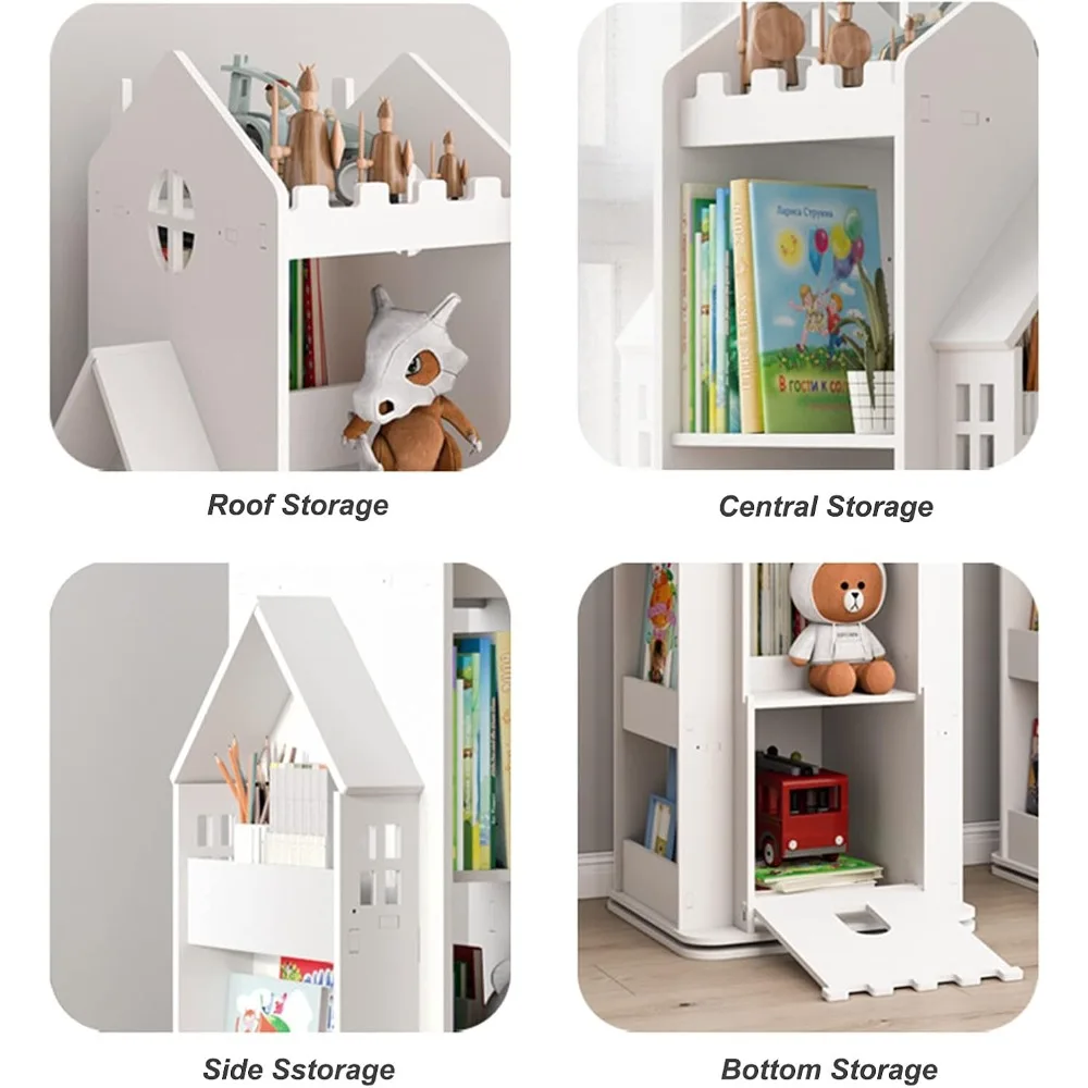 Revolving Bookcase,360° Children Bookshelf,Multi-Functional Floor Standing Book Storage Rack Organizer for Kids Room Bedroom-Whi