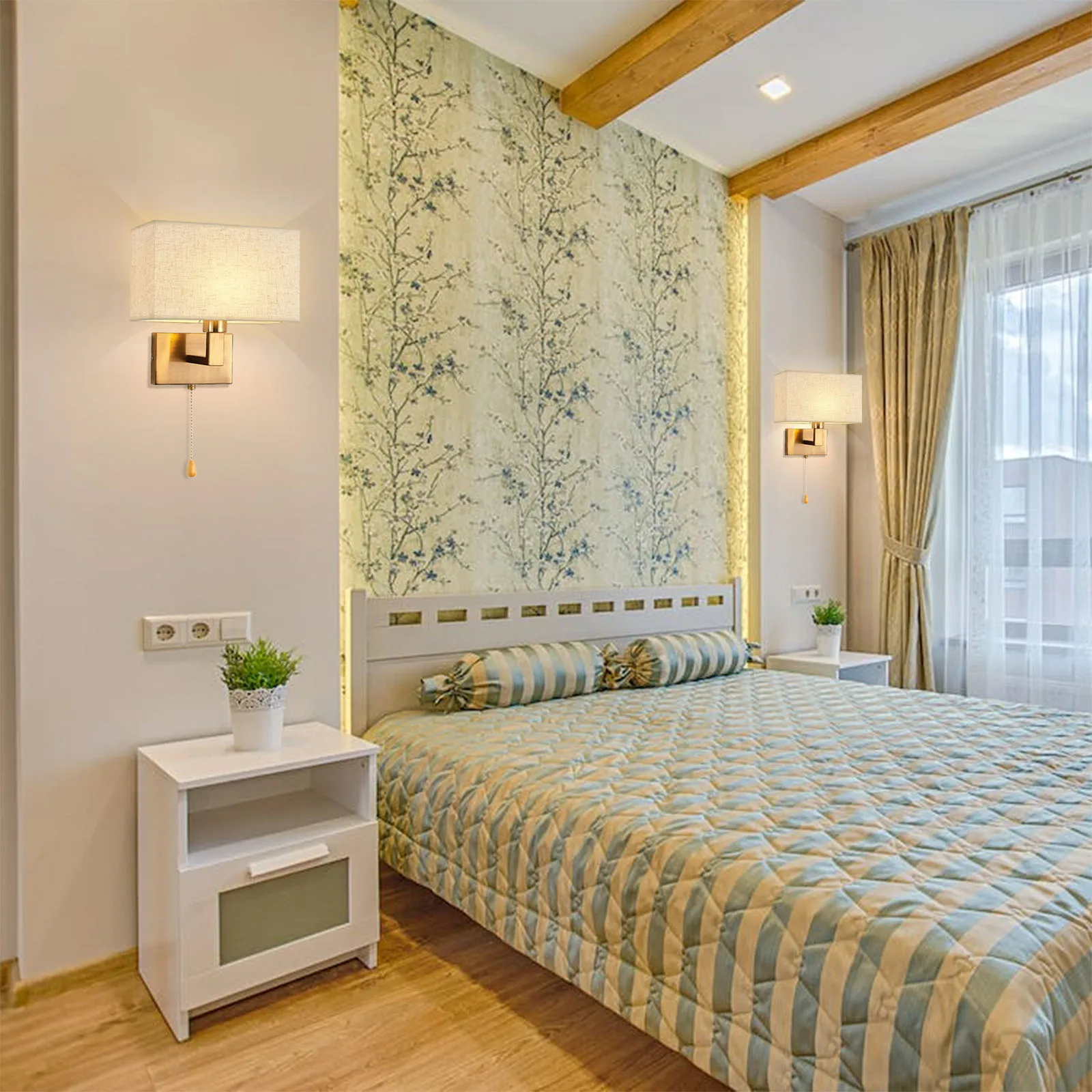 Conjunto de 2 luzes de parede Quarto Ouro com interruptor Pull, Arandelas com Sombra Tecido, Hotel e iluminação de cabeceira