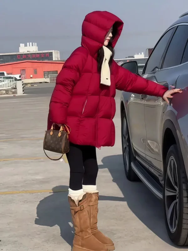 

Puffy Red Cotton Jacket Women's Mid-Length Thick Winter Coat Korean Style Loose Fit with Hood Long Sleeve Zipper Closure