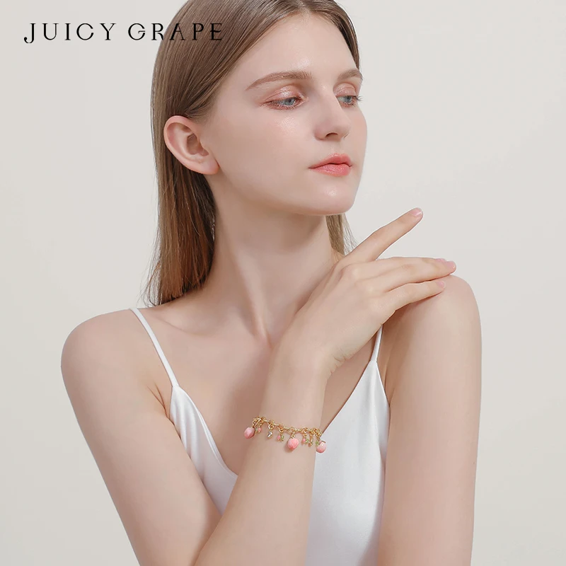 JUICY GRAPE 18K Gold-plated Women's Charm Bracelet Sweet and Lovely Fruit Peach and Peach Blossom Jewelry Adjustable Handcrafted