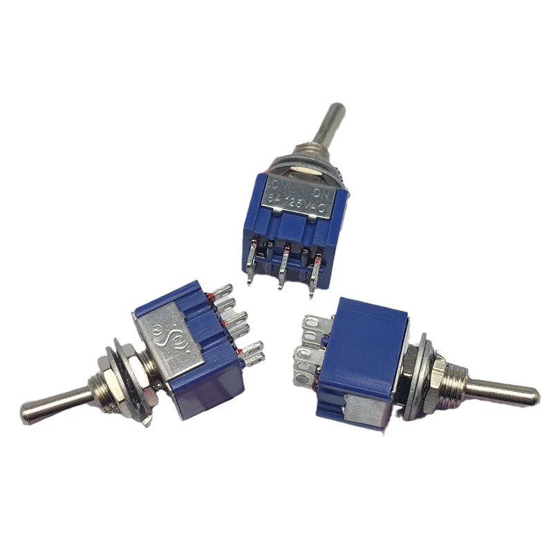 

Miniature Lever Toggle Switch Single Pole Double Throw ON-OFF-ON /ON-ON 120VAC 6A 1/4 Inch Mounting MTS-202