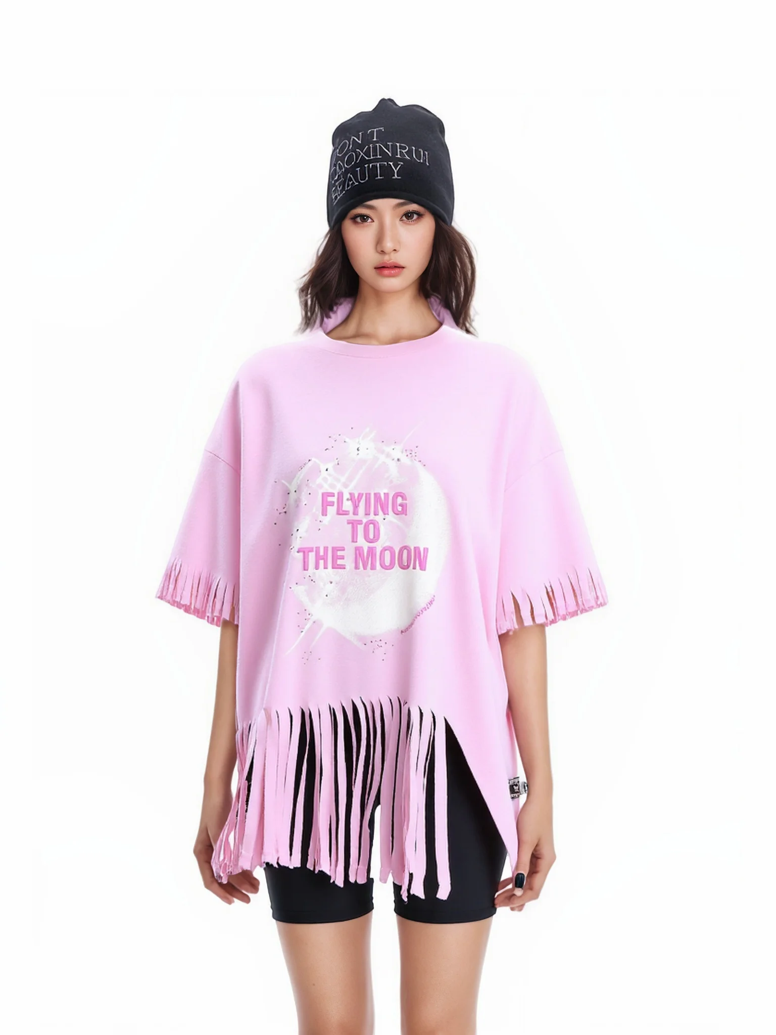 

Розовая свободная футболка с круглым вырезом и коротким рукавом, женская летняя новинка, повседневный хлопковый топ средней длины с мультяшным принтом