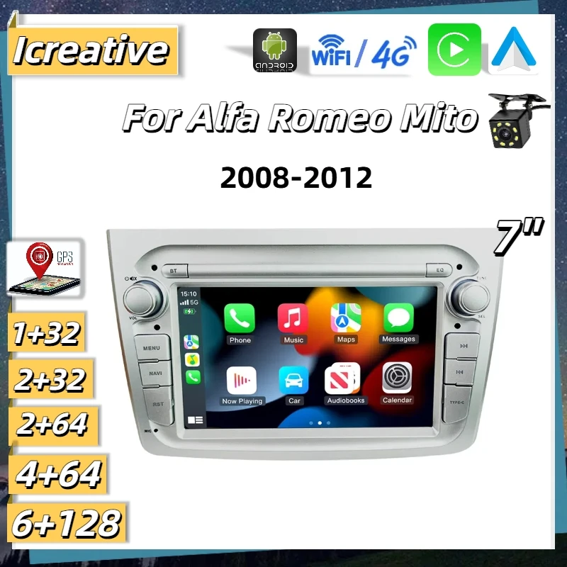 Car Radio Android for Alfa Romeo Mito 2008-2012 Autoaudio Carplay Wireless Multimedia 7inch Player 1Din Stereo Navigation GPS