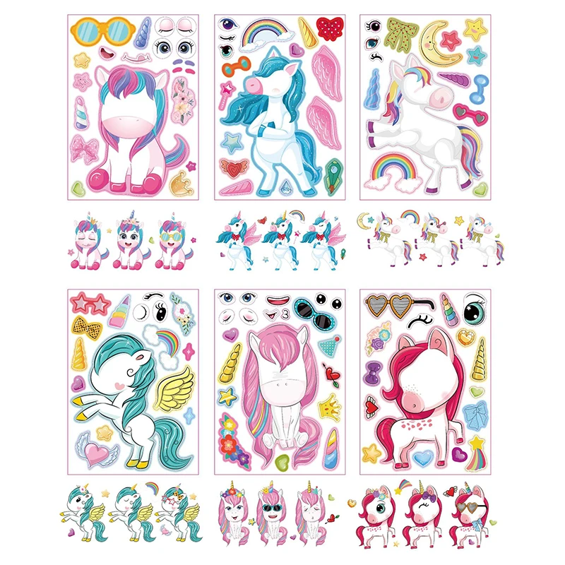 12Sheets/Set Cartoon Unicorn Make A Face Assemble DIY Sticker Children Handmade Creative Kawaii Stickers Decoration Supplies