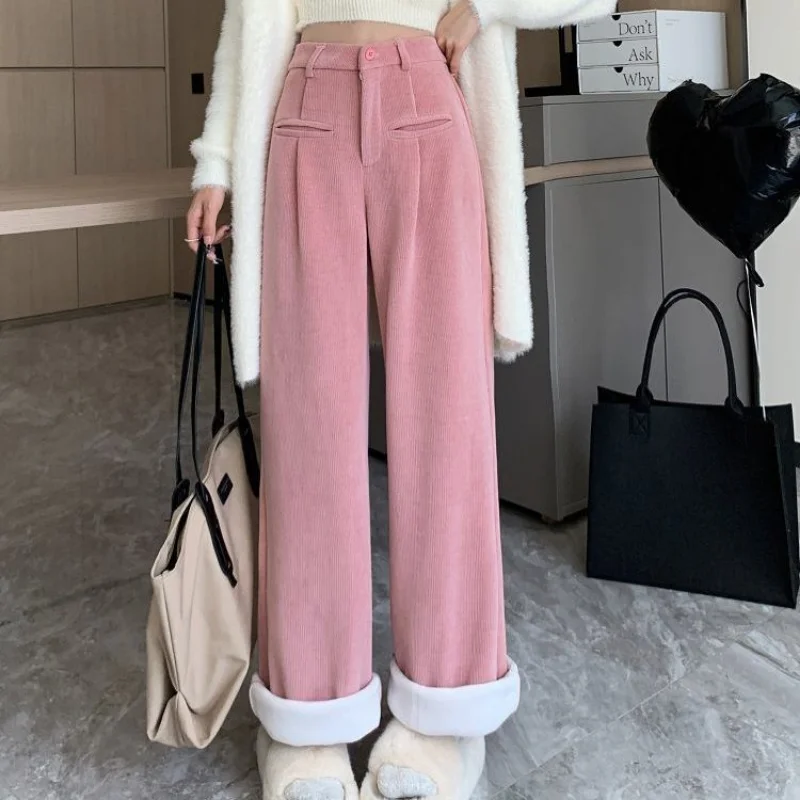 

Autumn Winter New Fleece Thick Corduroy Pants Women Korean Casual High Waist Elastic Drape Baggy Wide Leg Pant Female 4 Colors