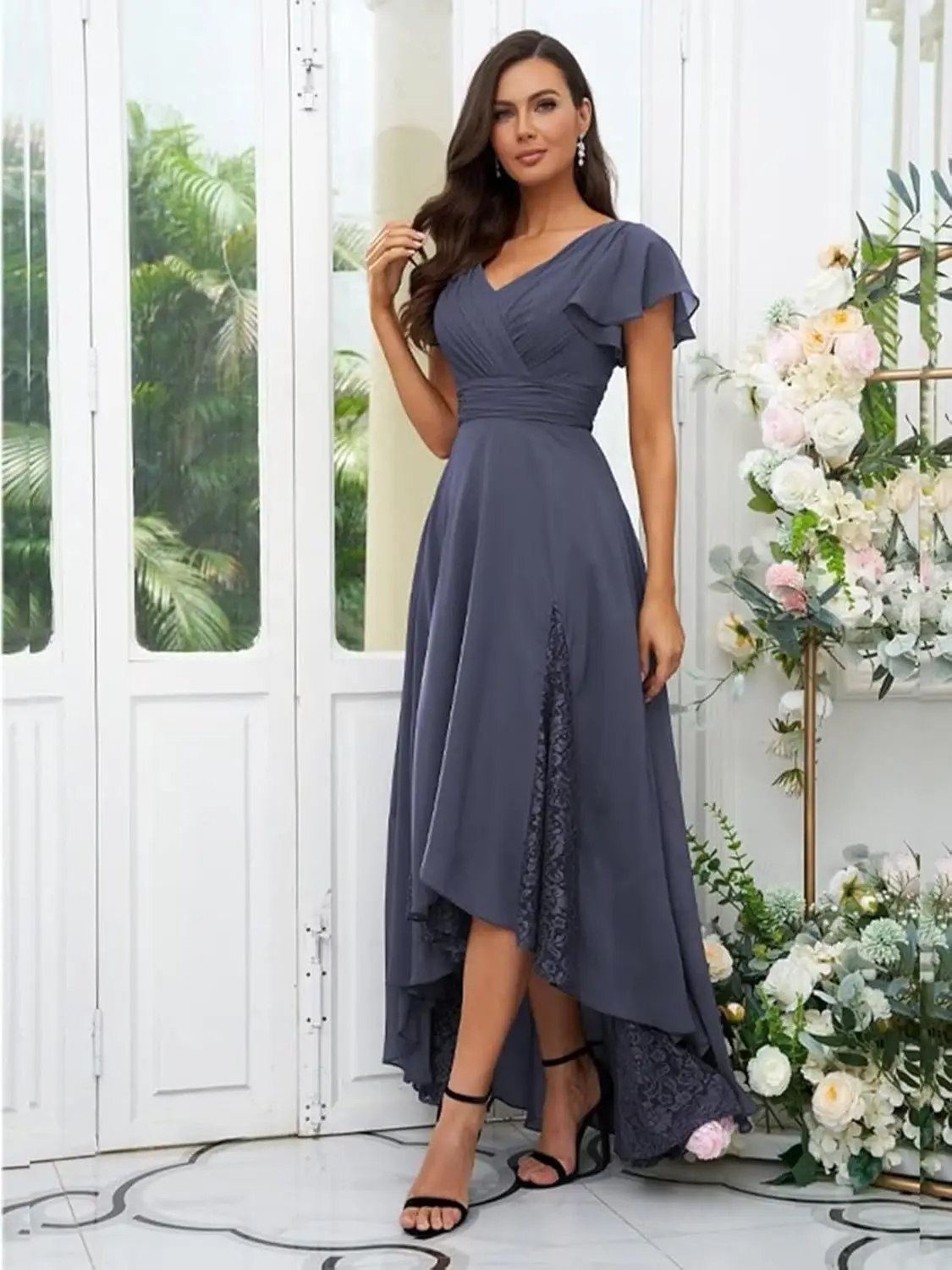 Vestidos hasta el té para madre de la novia, vestido de gasa con encaje para boda, vestido para madre del novio con manga