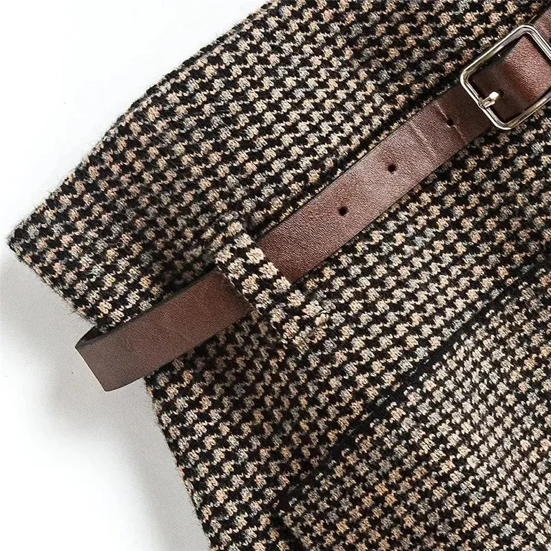 Imagem -05 - Mexzt-saia Midi de lã Xadrez de Malha Feminina com Cinto Saia Linha a Cintura Alta Fino Vintage Houndstooth Coreano Elegante Casual