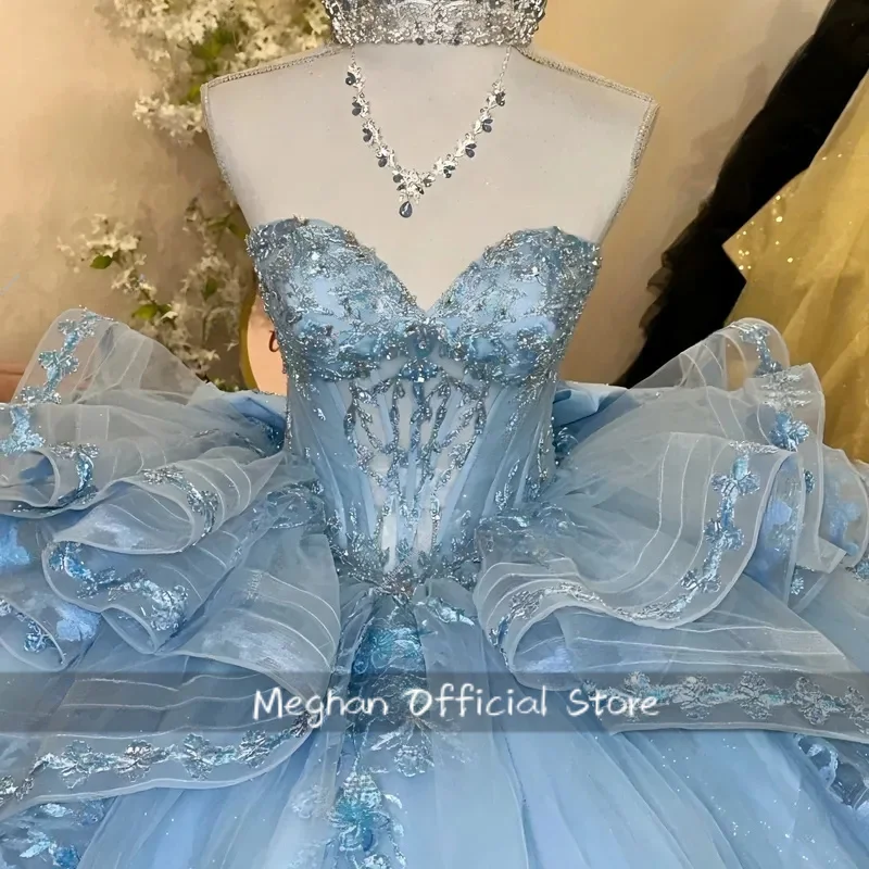 Customized Off Shoulder Light Blue Lace Appliqued Quinceanera Dresses With Bow Women Party Dress Vestidos De 15 Años Quinceañera
