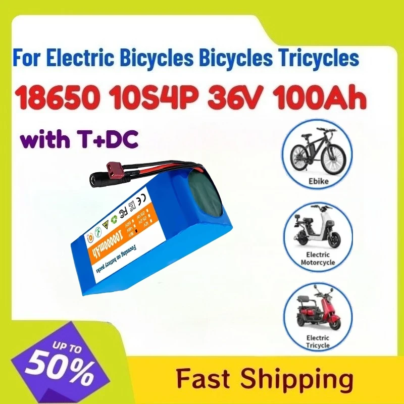 

18650 10S4P 36V 100Ah Lithium Battery with T+DC Plug BMS for Electric Bicycles Bicycles Tricycles Rechargeable Battery