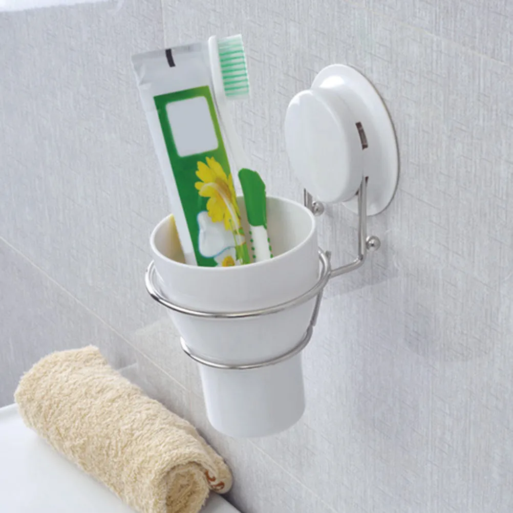 Toothbrush Holder with Suction Cup Gargle Cup Wall Mount for Bathroom Adhesive ABS Stainless Steel No Drill Space Saving