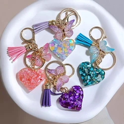 Fashion Heart Charms Keychains With Butterfly Tassel Shiny Stone Filled Resin Keyrings For Women Handbag Backpack Decor Ornament
