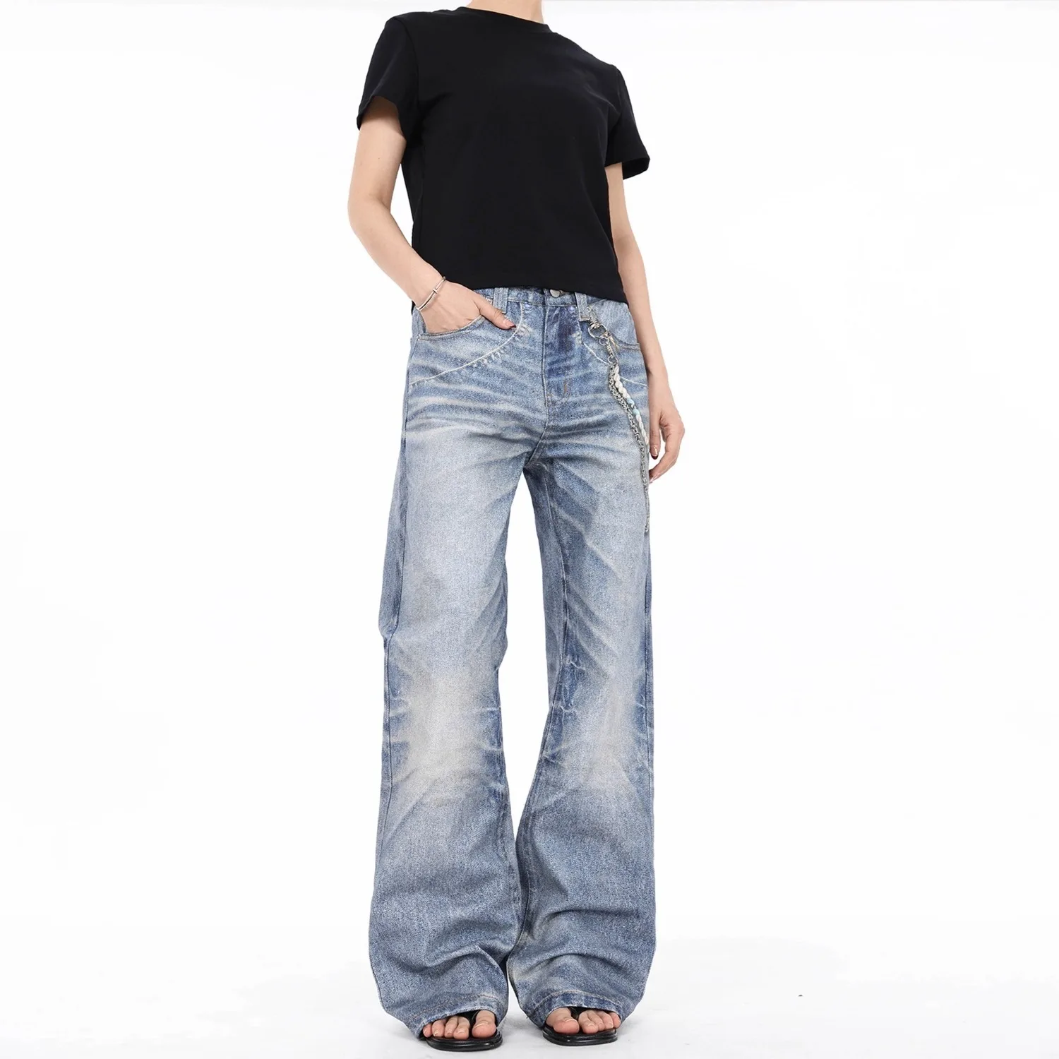 กางเกงยีนส์วินเทจทรงแบ็กกี้สไตล์อเมริกันวินเทจ พิมพ์ลายดิจิตอล 3 มิติ พร้อมจี้โซ่ สำหรับสาวสไตล์โชโจ วัยผู้ใหญ่ กางเกงยีนส์เอวสูงสำหรับผู้หญิง