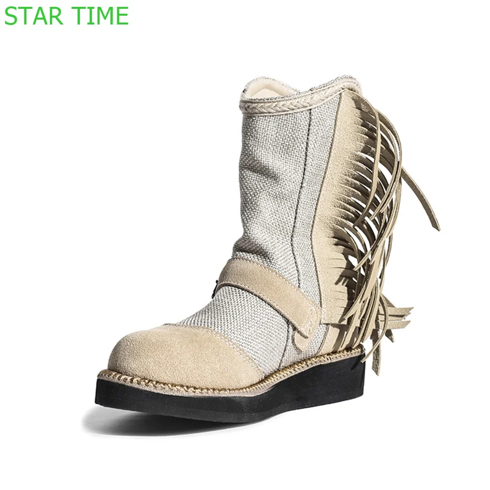 

Flat Canvas Belt Buckle Short Boots 2024 Spring Retro Round Toe Zipper Western Boots Apricot Women Short Boots